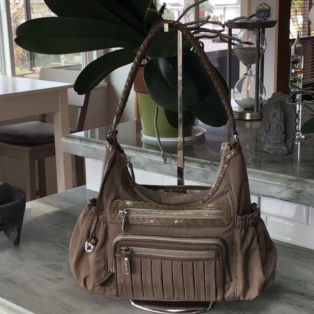 Brighton Taupe Nylon Croc Leather Trim Purse Bag